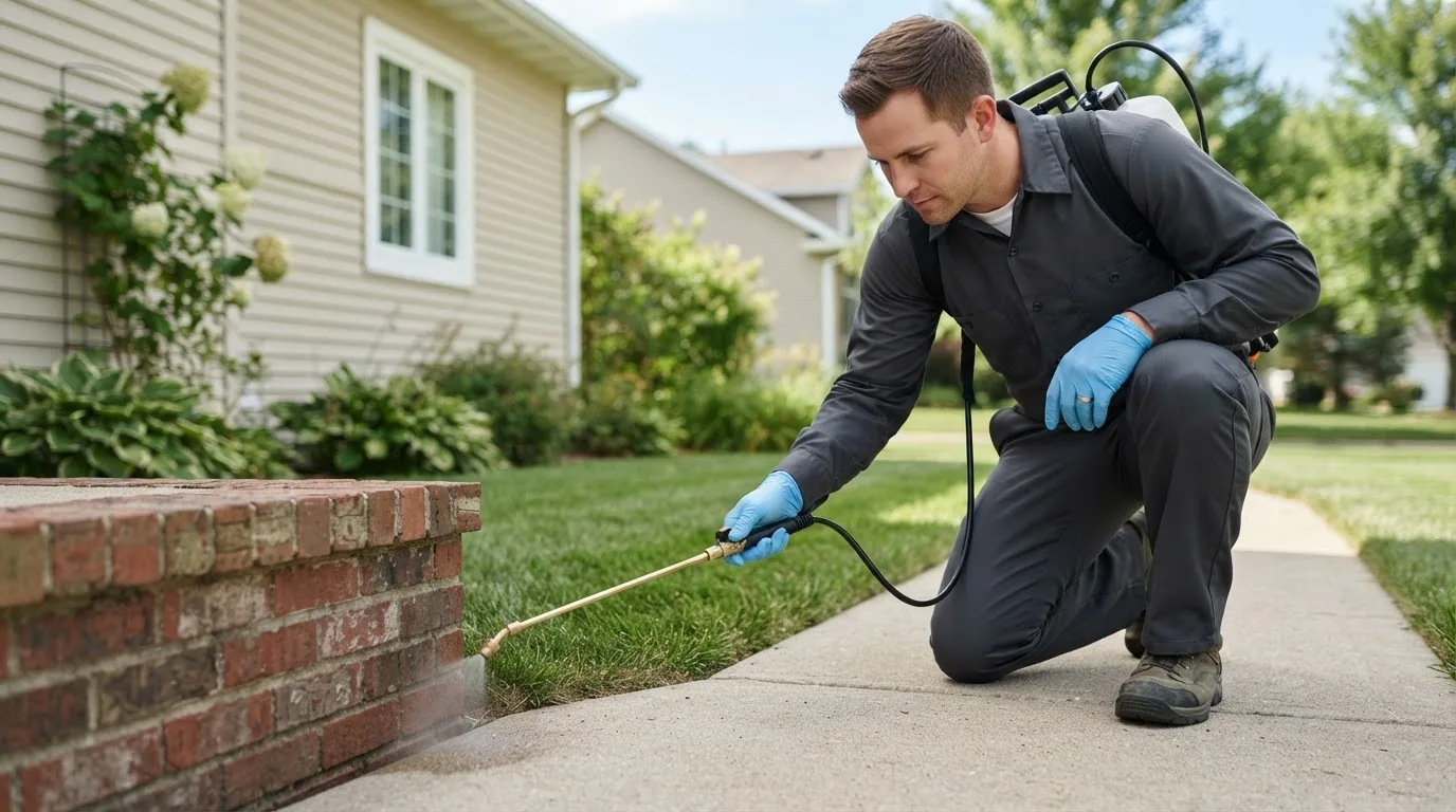 Pest control technician treating a home near West Hatfield, MA